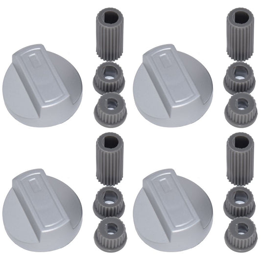 Universal Cooker Oven Grill Control Knobs And Adaptors Silver Fits All Gas Electric x 4