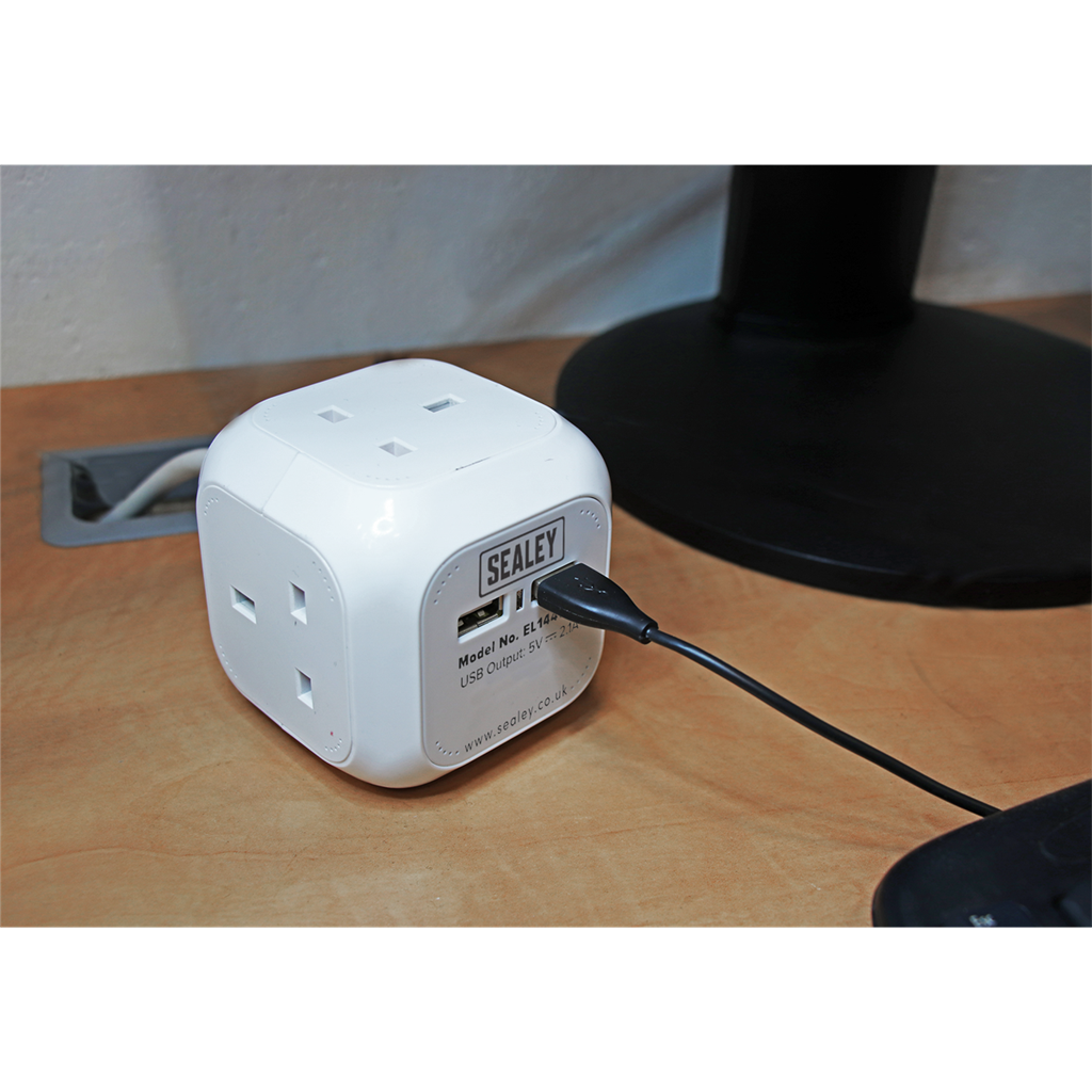 1.4m Extension Cable Cube 4 x 230V & 2 x USB Sockets - White