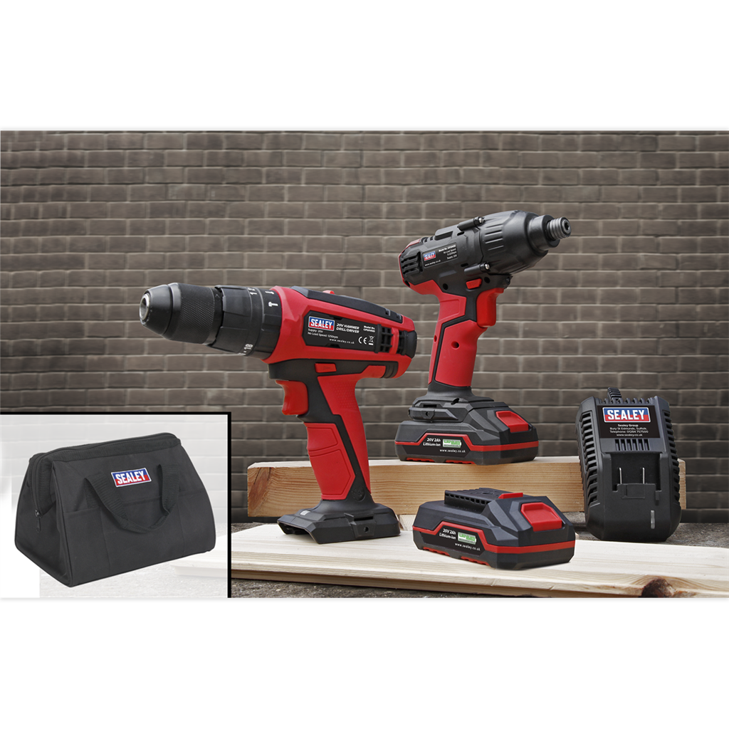 2 x SV20 Series Cordless 13mm Combi Drill & 1/4"Hex Drive Impact Driver Combo Kit 20V - 2 Batteries