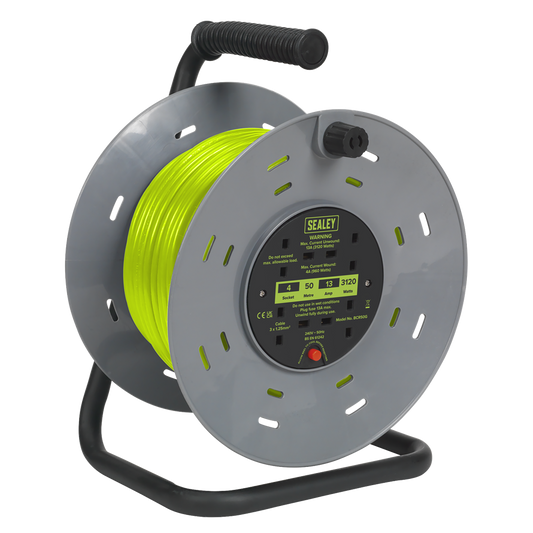 50m Cable Reel with Thermal Trip 4 x 230V - Hi-Vis Green