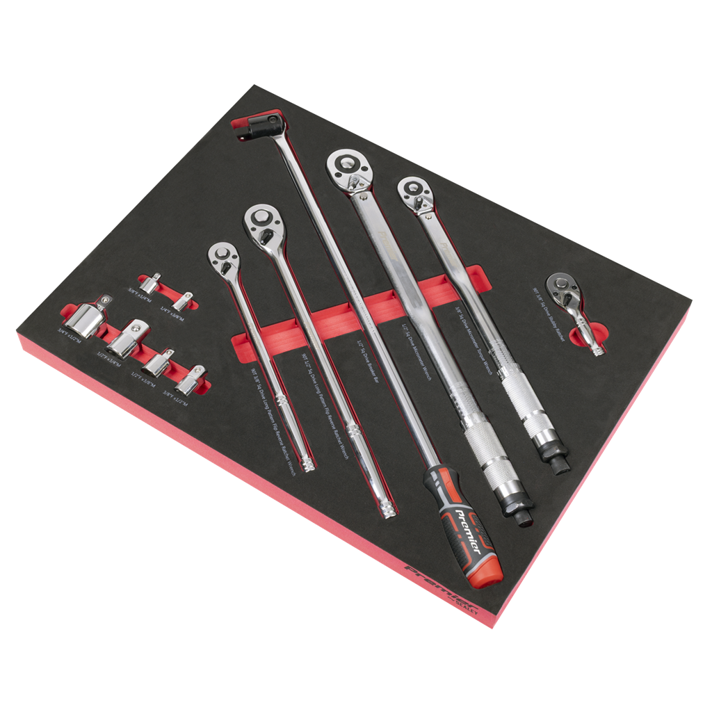 Premier Ratchet, Torque Wrench, Breaker Bar & Socket Adaptor Set with Tool Tray 3/8"Sq & 1/2"Sq Drive 12pc