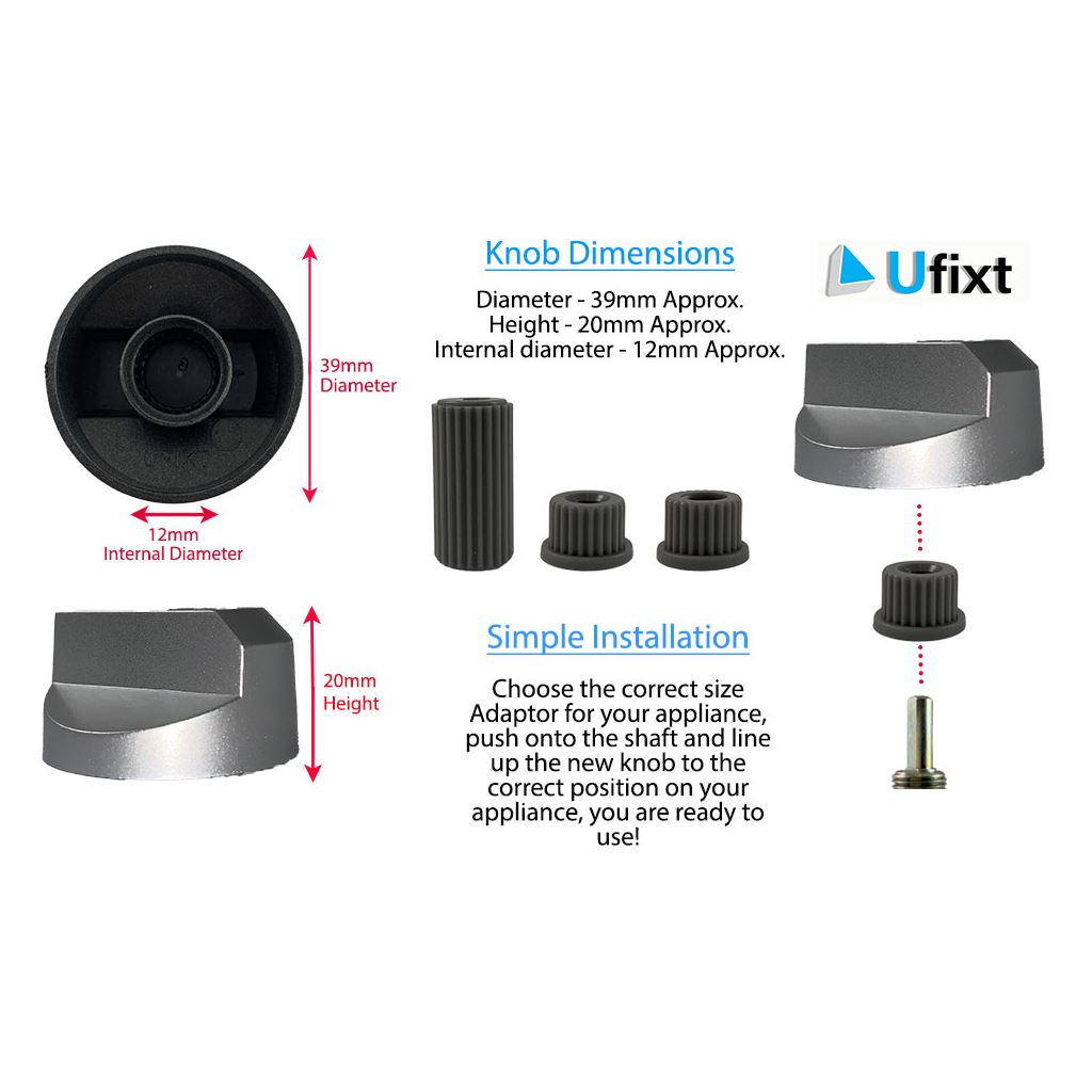 Universal Silver Cooker, Oven & Grill Control Knob with 3 Adaptors – Fits All Gas & Electric Cookers by Ufixt
