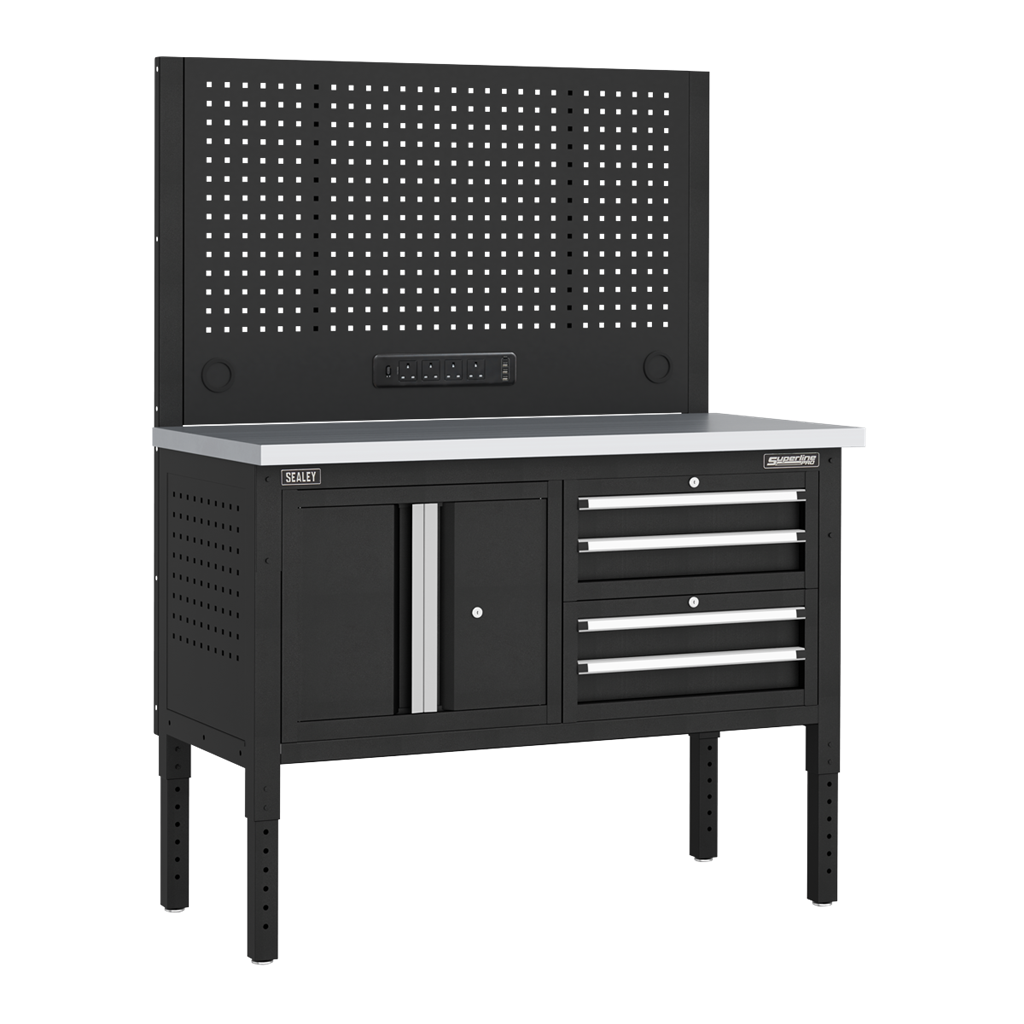 Superline PRO&#174; Modular Workbench with 4 Drawers & Cupboard Stainless Steel Worktop 1265mm