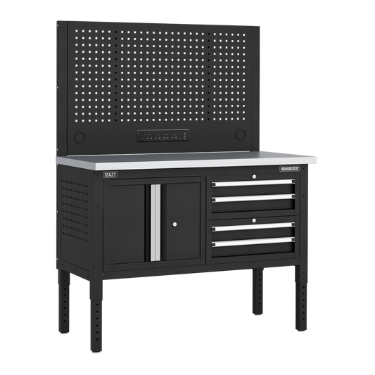 Superline PRO&#174; Modular Workbench with 4 Drawers & Cupboard Stainless Steel Worktop 1265mm