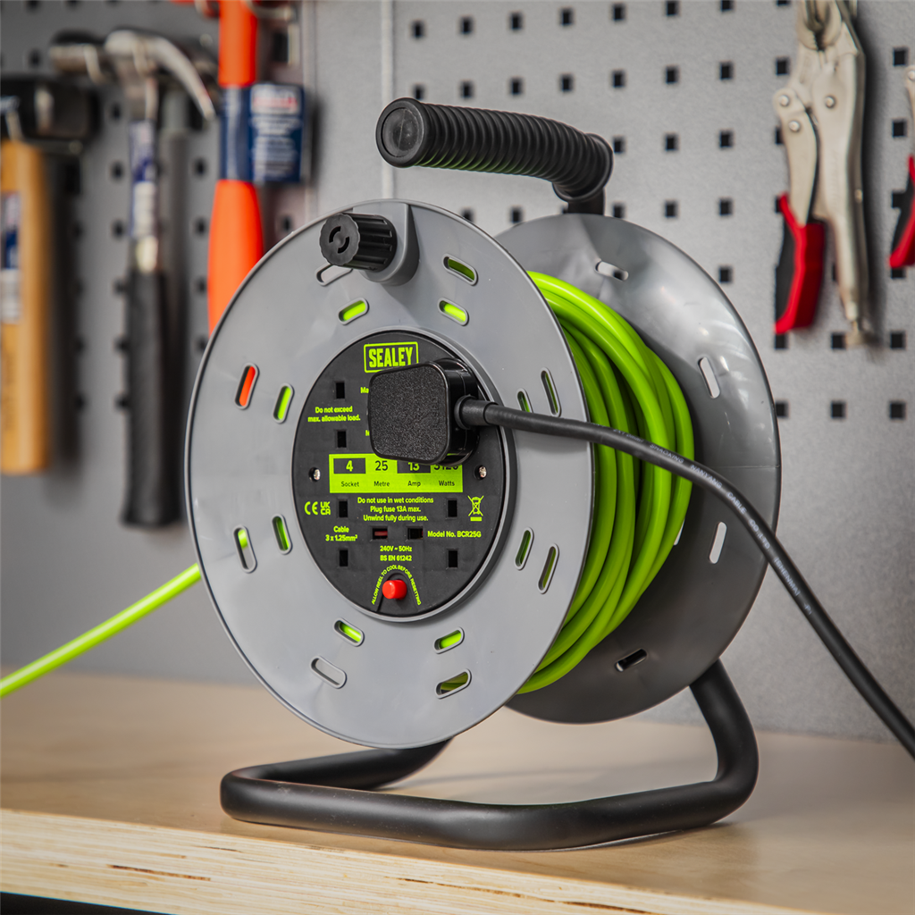 25m Cable Reel with Thermal Trip 4 x 230V - Hi-Vis Green