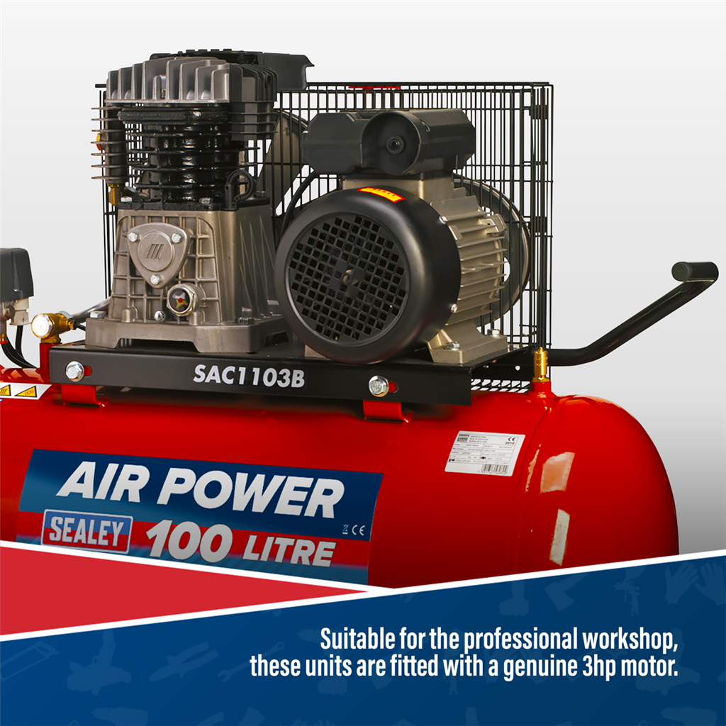 100L Belt Drive Air Compressor with Cast Cylinders & Wheels 3.5hp