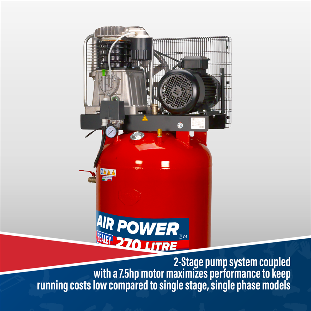 270L Vertical Belt Drive Air Compressor with Cast Cylinders 7.5hp 2-Stage