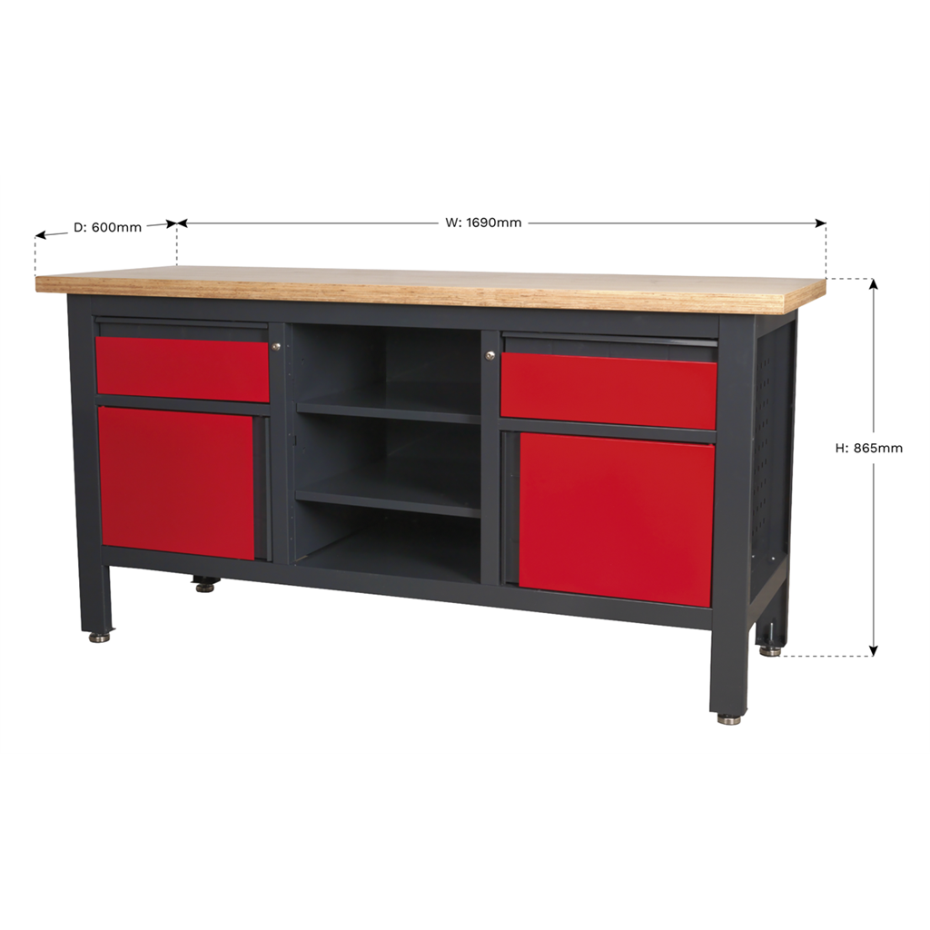 Workbench with 2 Drawers, 2 Cupboards & Open Storage