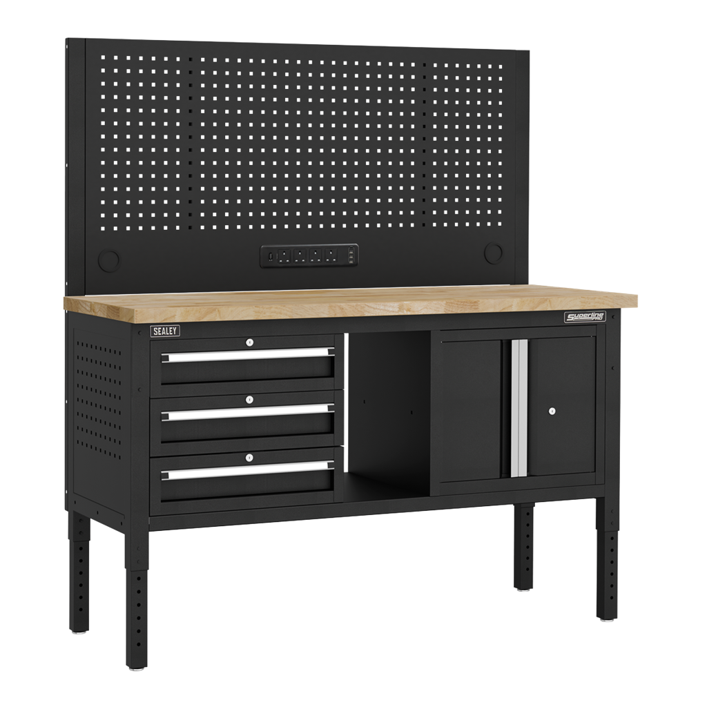 Superline PRO&#174; Modular Workbench with 3 Drawers & Cupboard Wooden Worktop 1525mm