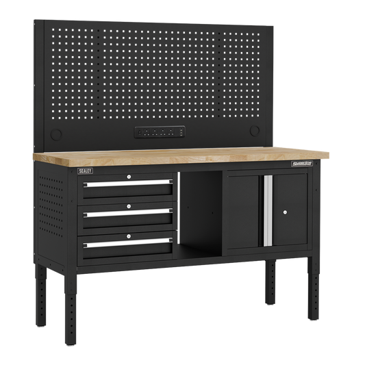 Superline PRO&#174; Modular Workbench with 3 Drawers & Cupboard Wooden Worktop 1525mm