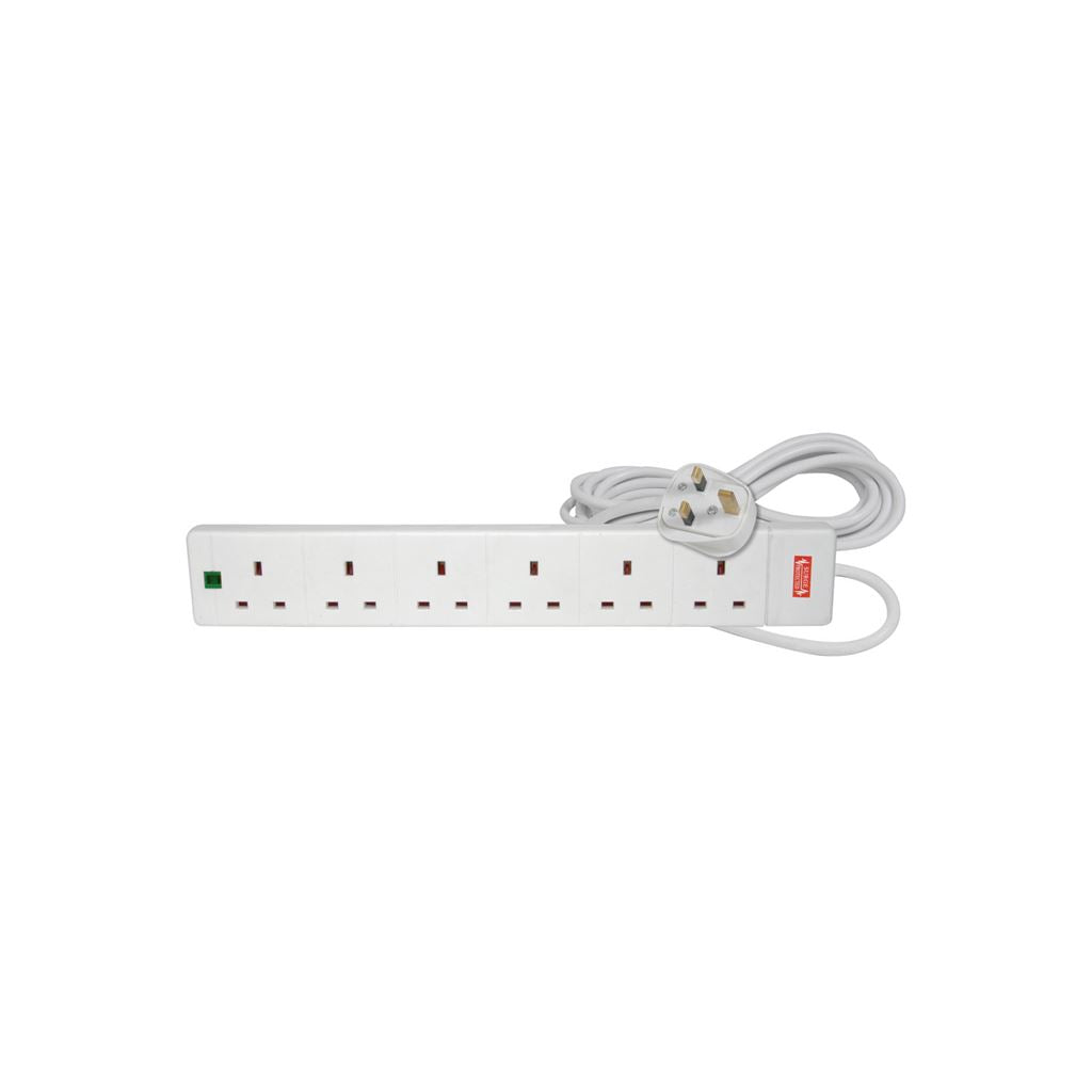 6 Gang Extension Leads with Surge Protection - 13A protection, 2.0m