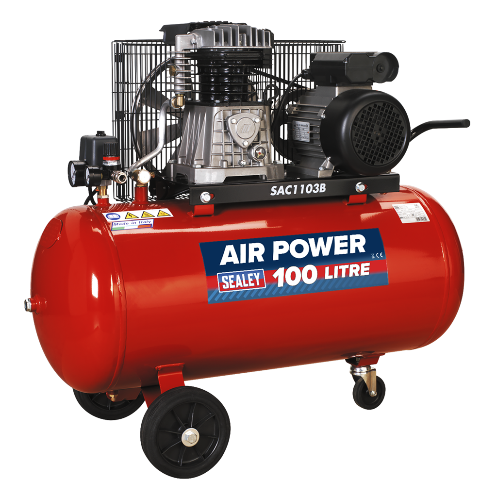 100L Belt Drive Air Compressor with Cast Cylinders & Wheels 3.5hp