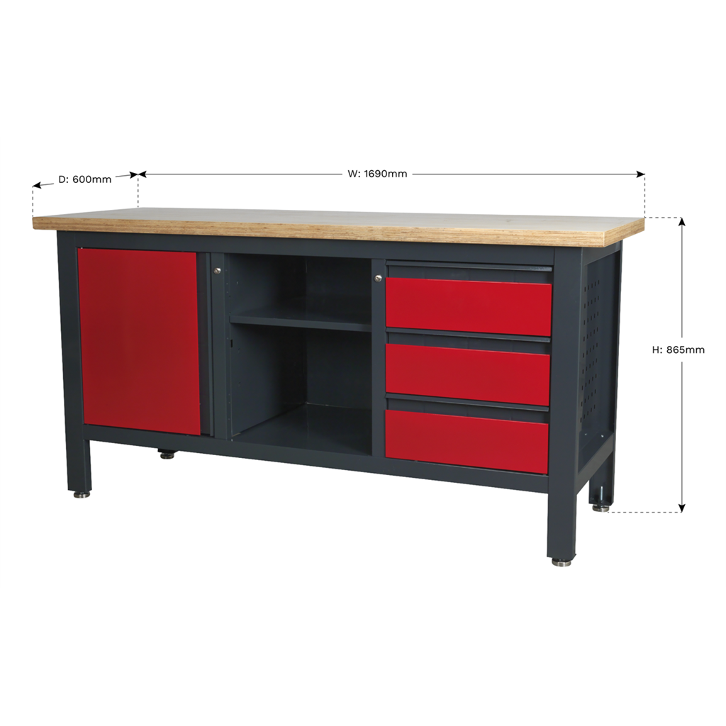 Workbench with 3 Drawers, 1 Cupboard & Open Storage