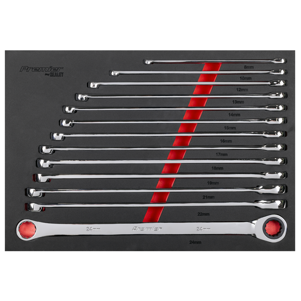Premier Extra-Long Double Ring Ratchet/Fixed Spanner Set 13pc