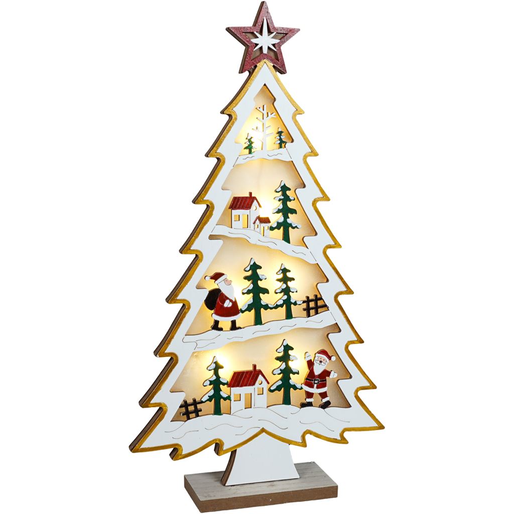 Xmas Haus Natural festive Wood LED Light Up Christmas Village With in a Tree Scene Battery Operated