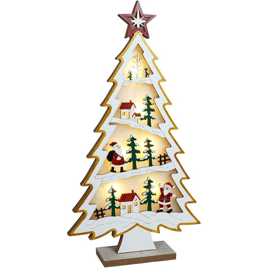 Xmas Haus Natural festive Wood LED Light Up Christmas Village With in a Tree Scene Battery Operated