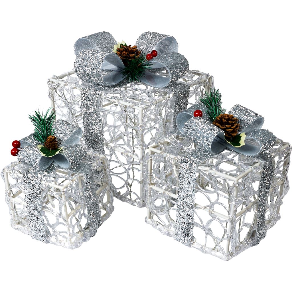 Xmas Haus Set of 3 LED Light Up Christmas Boxes Battery Operated With Timer, 8 Patterns and 60 LED&#39;s