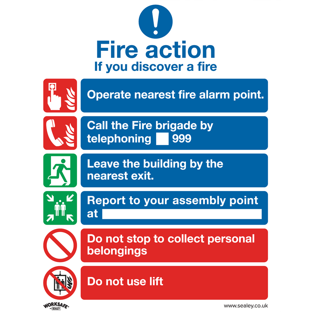 Worksafe&#174; Fire Action With Lift Safety Sign, Self-Adhesive Vinyl - Pack of 10