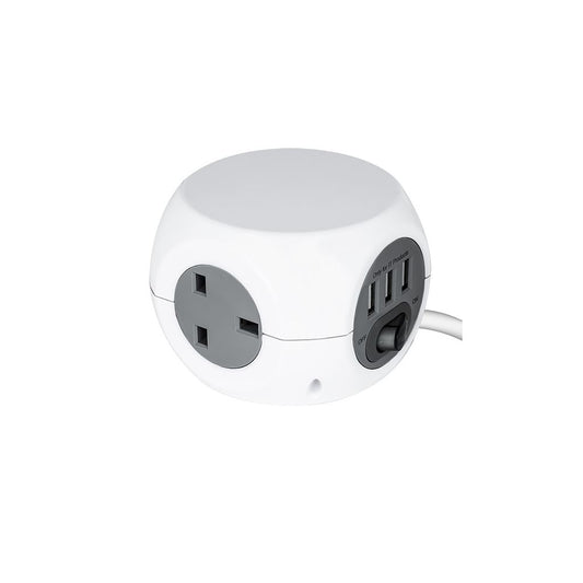 3 Way Cube Socket with 3 USB Ports - White - 1.4m