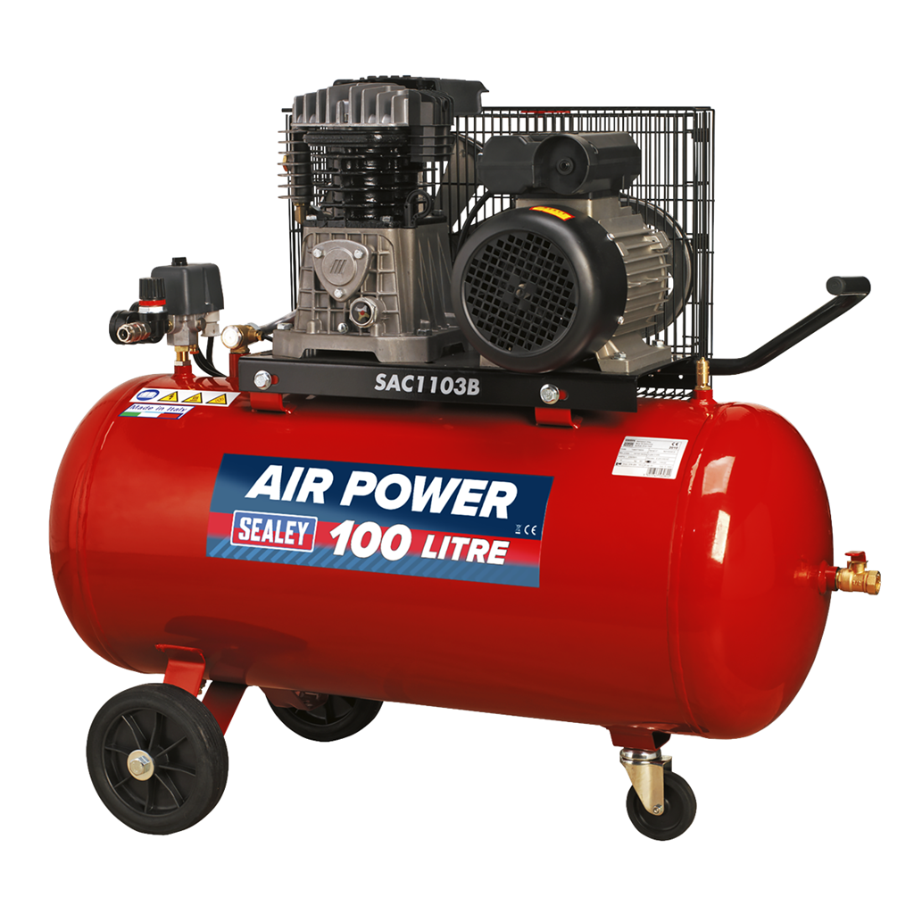 100L Belt Drive Air Compressor with Cast Cylinders & Wheels 3hp