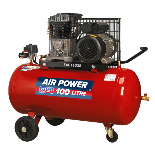 100L Belt Drive Air Compressor with Cast Cylinders & Wheels 3hp