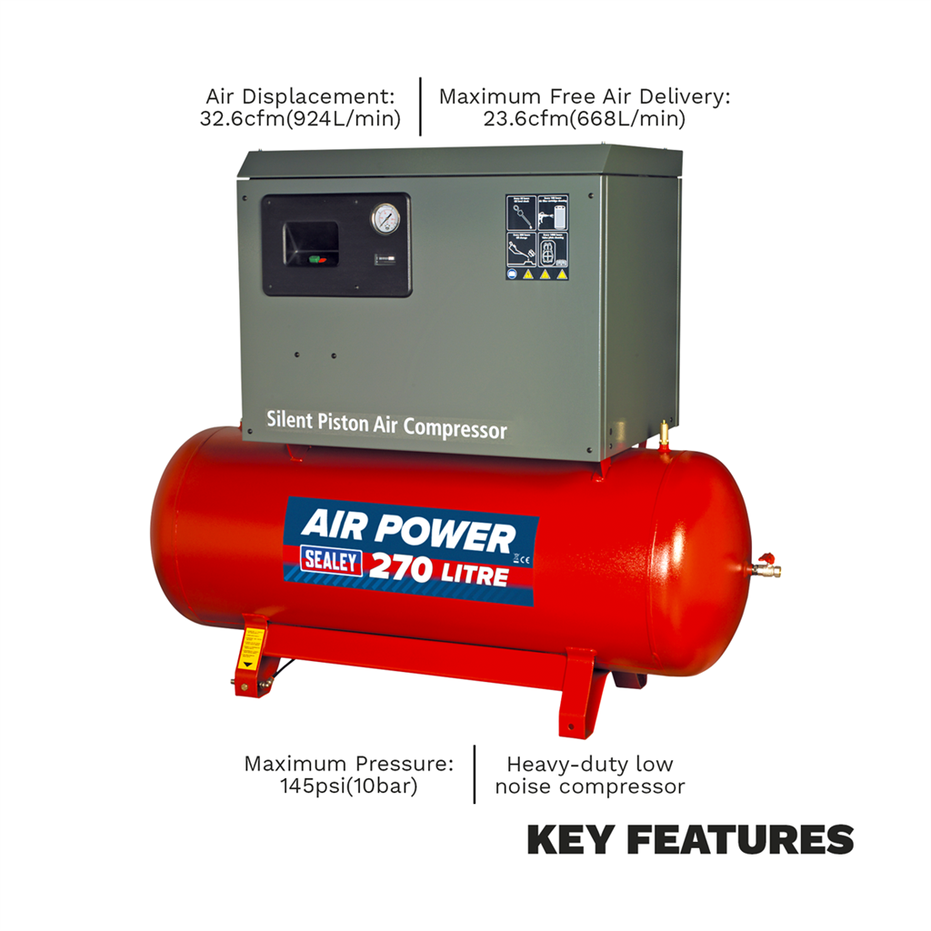 270L Low Noise Belt Drive Air Compressor with Cast Cylinders 7.5hp 2-Stage