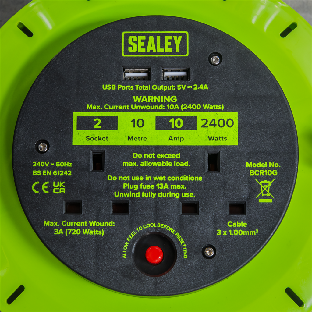 10m Cassette Type Cable Reel with Thermal Trip 2 x 230V & 2 x USB - Hi-Vis Green