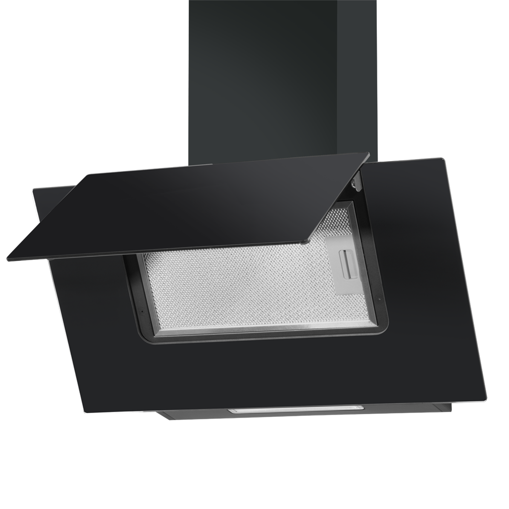 Baridi Angled Chimney Cooker Hood with Carbon Filters & LED Lamp - Black Glass