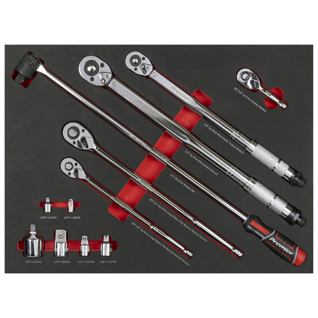 Premier Ratchet, Torque Wrench, Breaker Bar & Socket Adaptor Set with Tool Tray 3/8"Sq & 1/2"Sq Drive 12pc