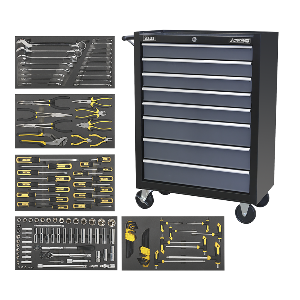 Rollcab 8 Drawer with 145pc Tool Kit - Black/Grey