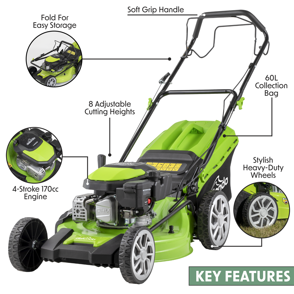 Dellonda Self-Propelled Petrol Lawnmower Grass Cutter with Height Adjustment & Grass Bag 170cc 20"/51cm 4-Stroke Engine