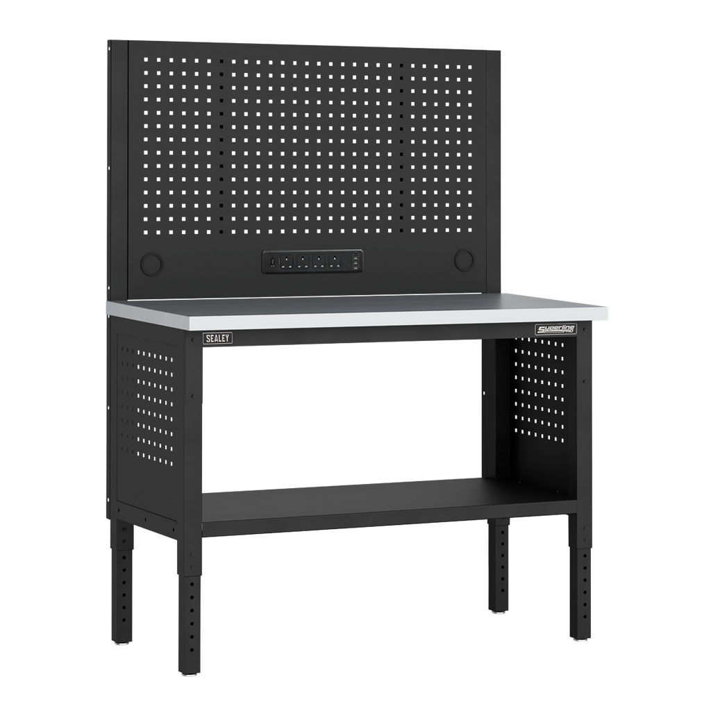 Superline PRO&#174; Modular Workbench with Pegboard Back Panel Stainless Steel Worktop 1265mm
