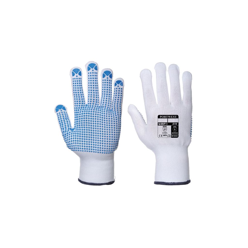 Nylon Polka Dot Gloves - White/Blue - Large - Pack of 12