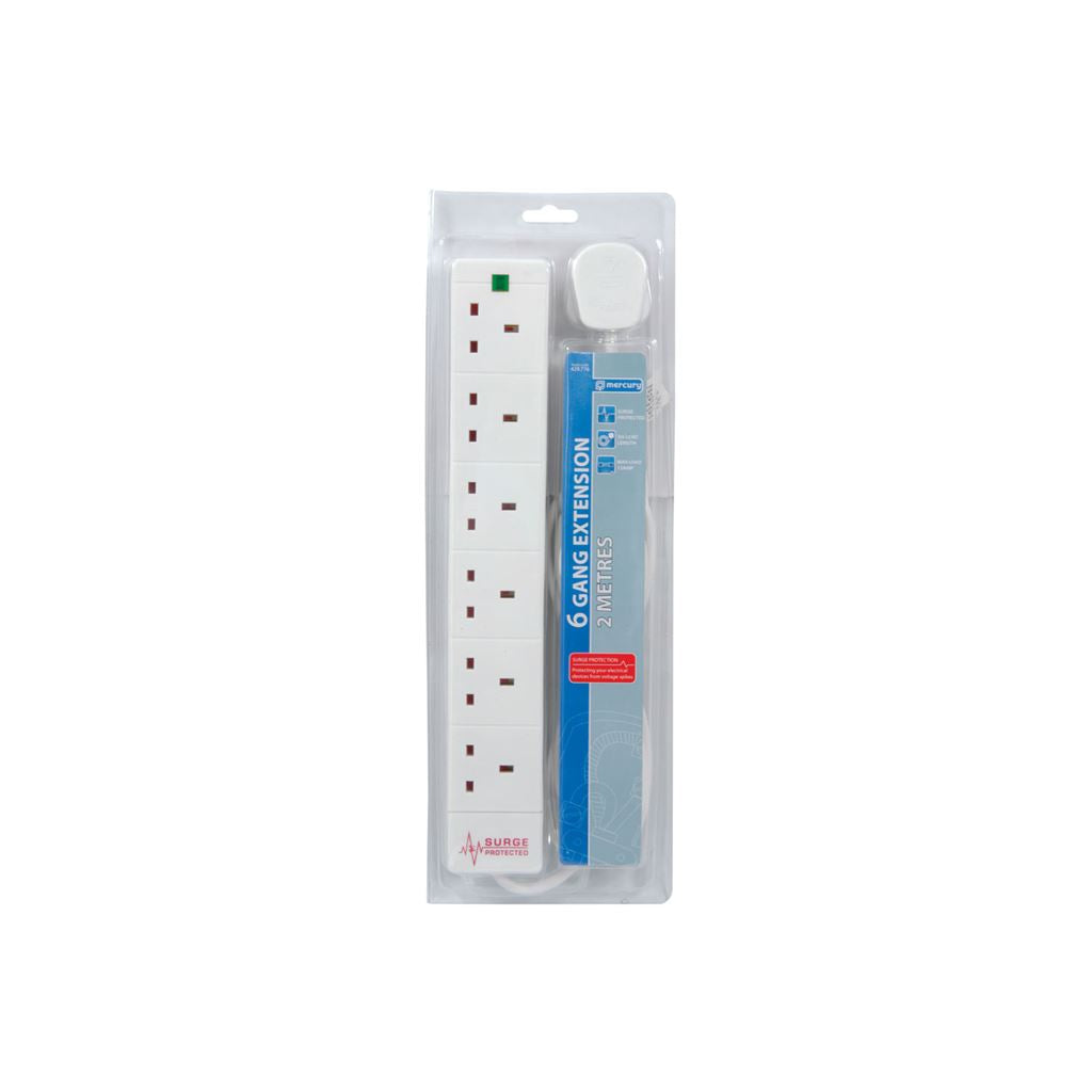 6 Gang Extension Leads with Surge Protection - 13A protection, 2.0m