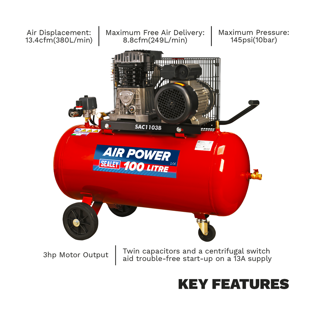 100L Belt Drive Air Compressor with Cast Cylinders & Wheels 3.5hp