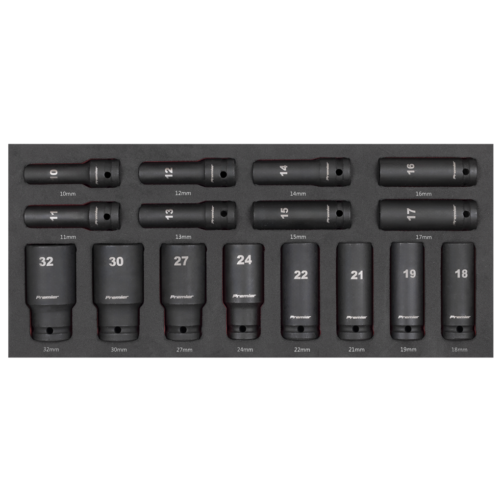 Premier Deep Impact Socket Set with Tool Tray 1/2"Sq Drive 16pc