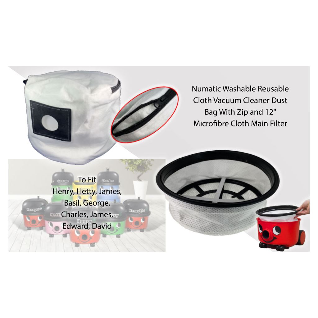 Numatic Washable Reusable Cloth Vacuum Cleaner Dust Bag With Zip and 12" Microfibre Cloth Main Filter - Compatible by Ufixt