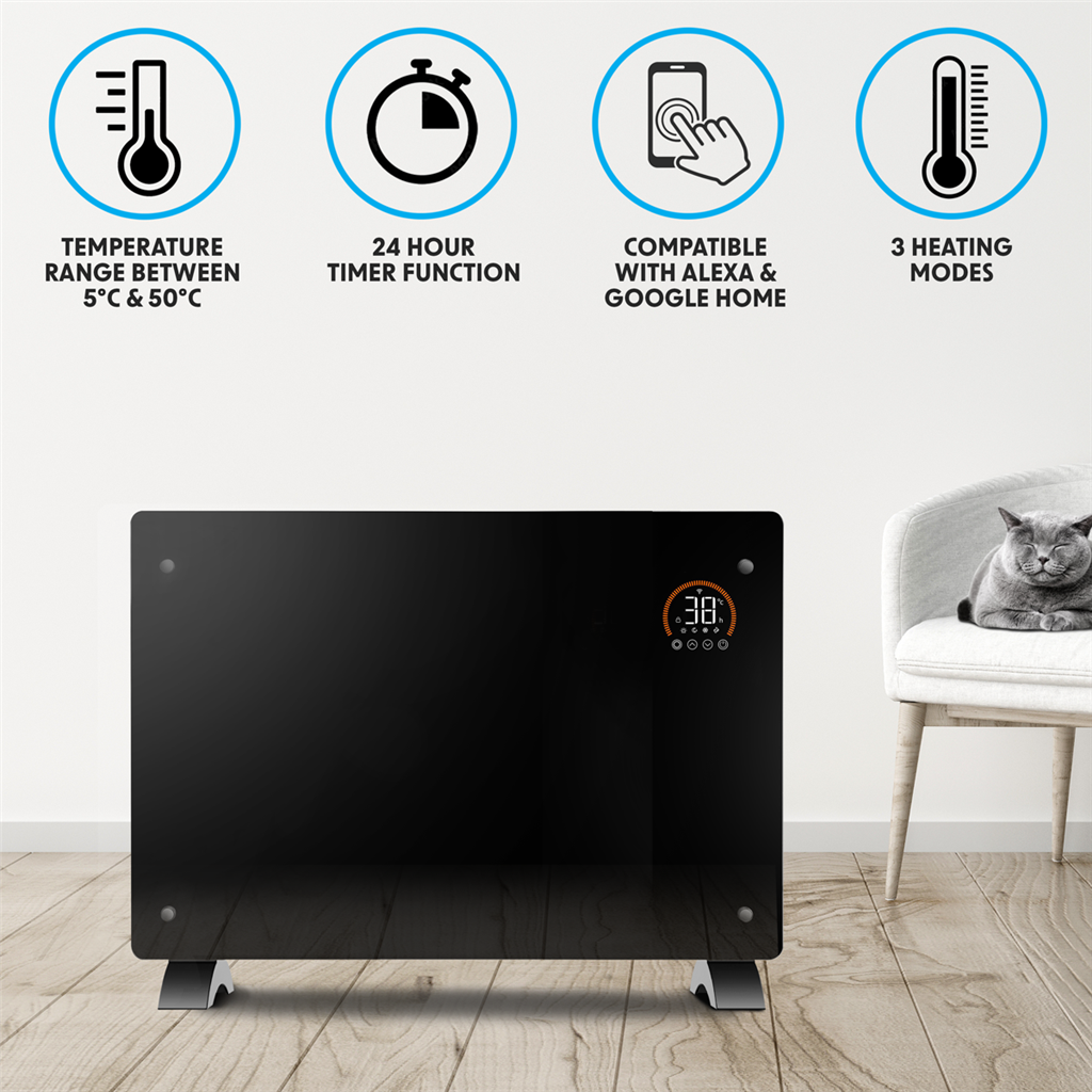 Baridi Electric Glass Panel Heater, 2000W, Thermostat Controlled Radiator with 24Hr 7 Day Timer, Wi-Fi Enabled, Remote Control, Black - DH139
