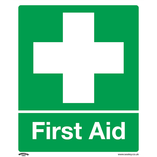 Worksafe&#174; First Aid Safety Sign, Self-Adhesive Vinyl - Pack of 10