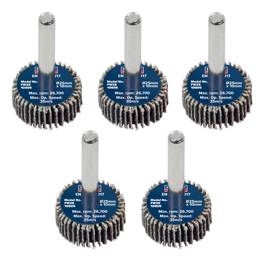 25 x 10mm Abrasive Flap Wheel with 6mm Shaft Assorted Grit - Pack of 5
