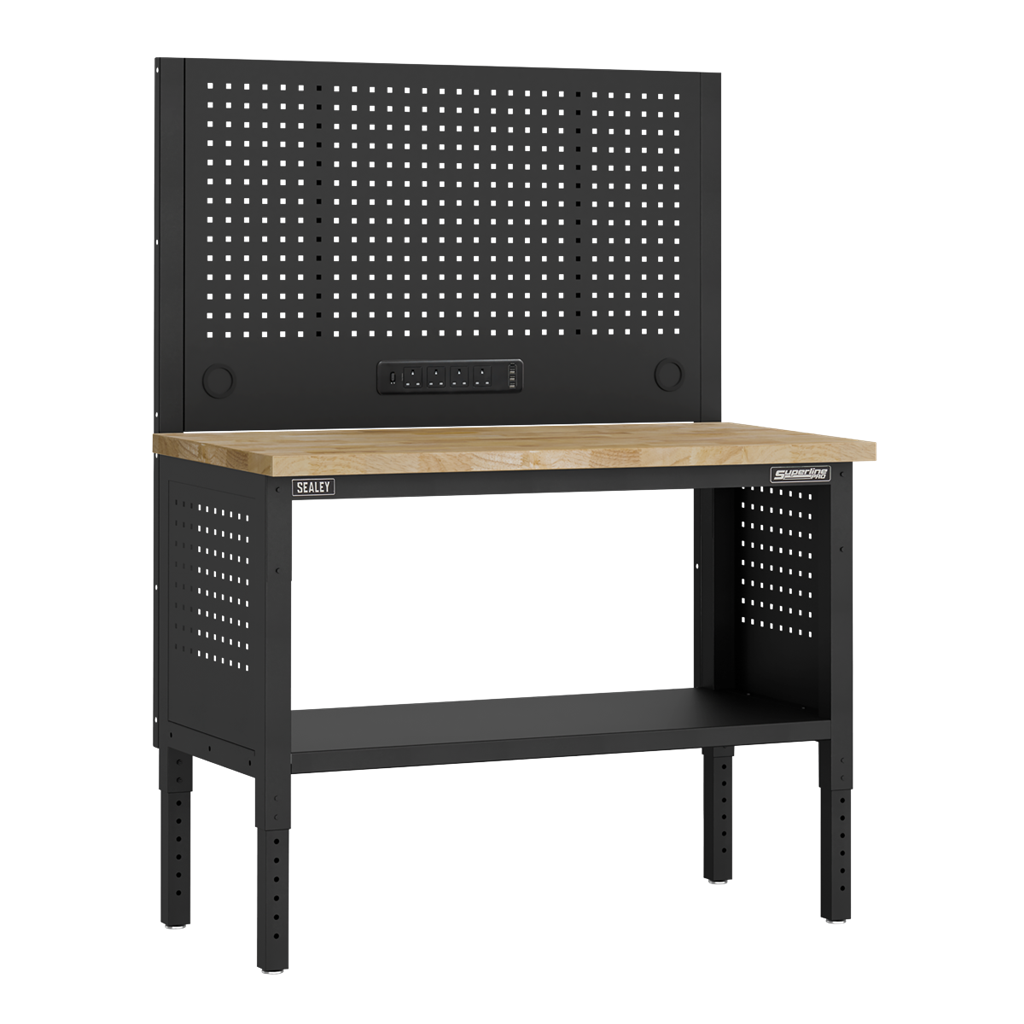 Superline PRO&#174; Modular Workbench with Pegboard Back Panel Wooden Worktop 1265mm