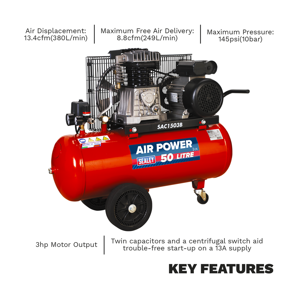 50L Belt Drive Air Compressor with Cast Cylinders & Wheels 3hp