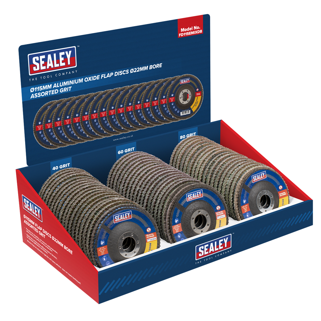 115mm Aluminium Oxide Flap Discs Assorted Grit 22mm Bore - Display Box of 60