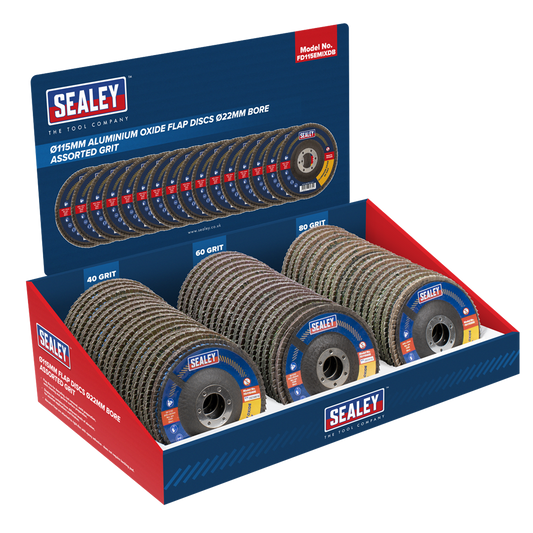 115mm Aluminium Oxide Flap Discs Assorted Grit 22mm Bore - Display Box of 60