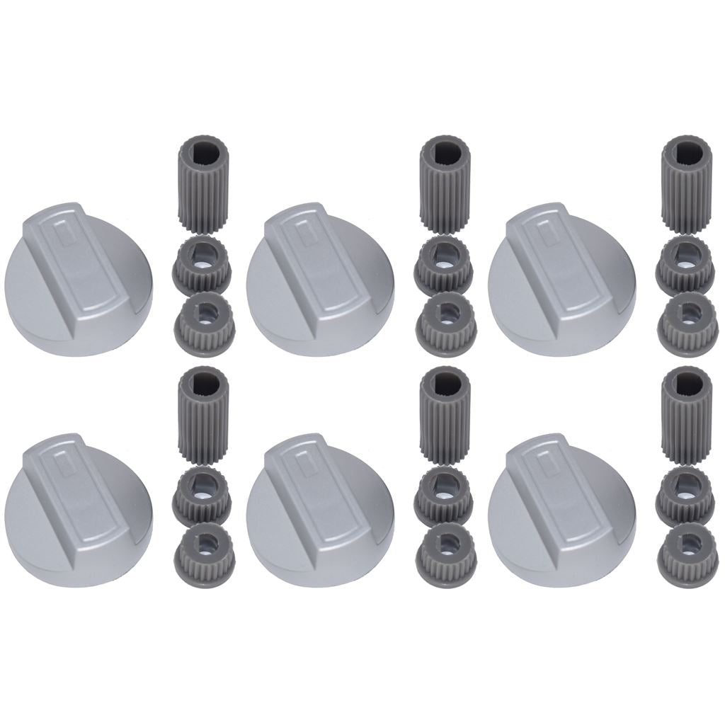 Universal Cooker/Oven/Grill Control Knobs & Adaptors - Silver | Fits Gas & Electric (Pack of 6)