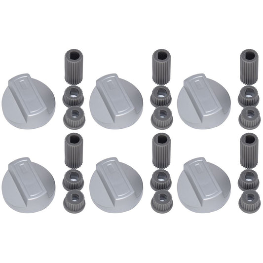 Universal Cooker/Oven/Grill Control Knobs & Adaptors - Silver | Fits Gas & Electric (Pack of 6)