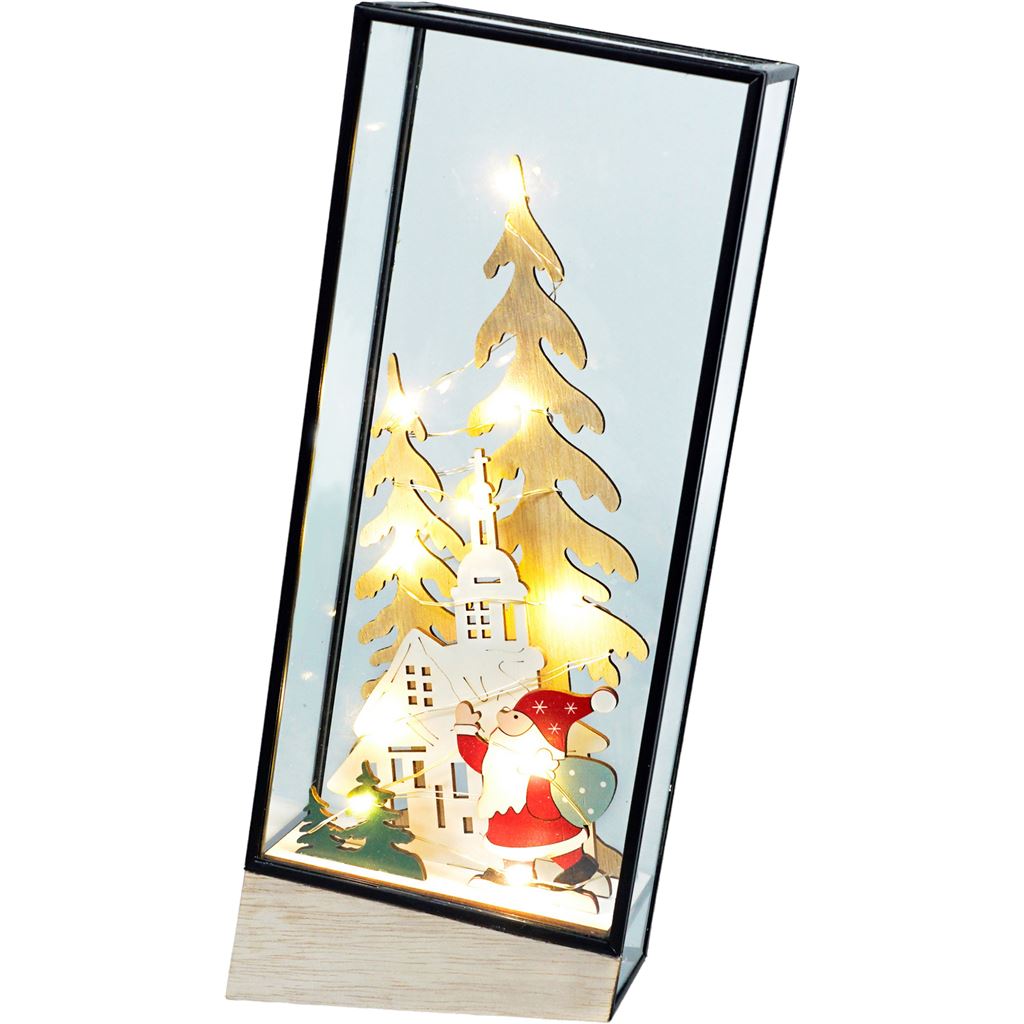 Xmas Haus Hurricane Glass Holder with Light Up Festive Village and Santa Scene Battery Operated