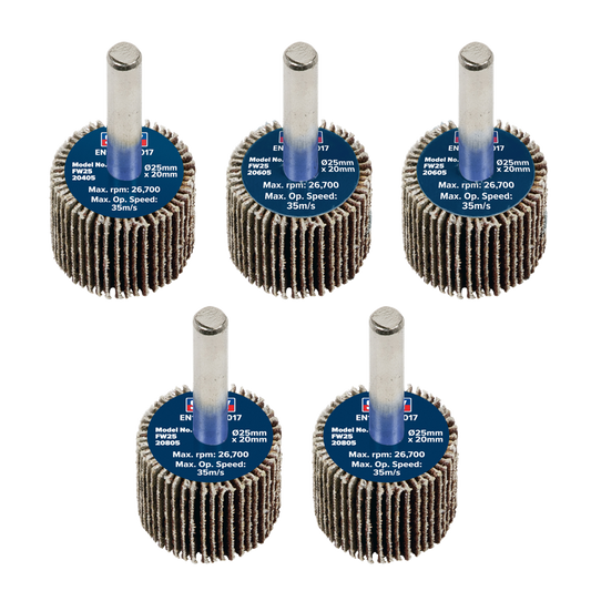 25 x 20mm Abrasive Flap Wheel with 6mm Shaft Assorted Grit - Pack of 5