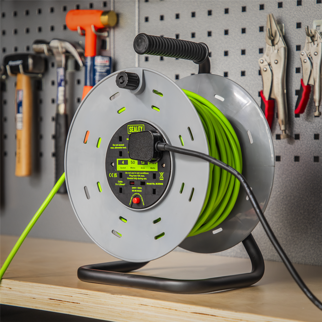 50m Cable Reel with Thermal Trip 4 x 230V - Hi-Vis Green