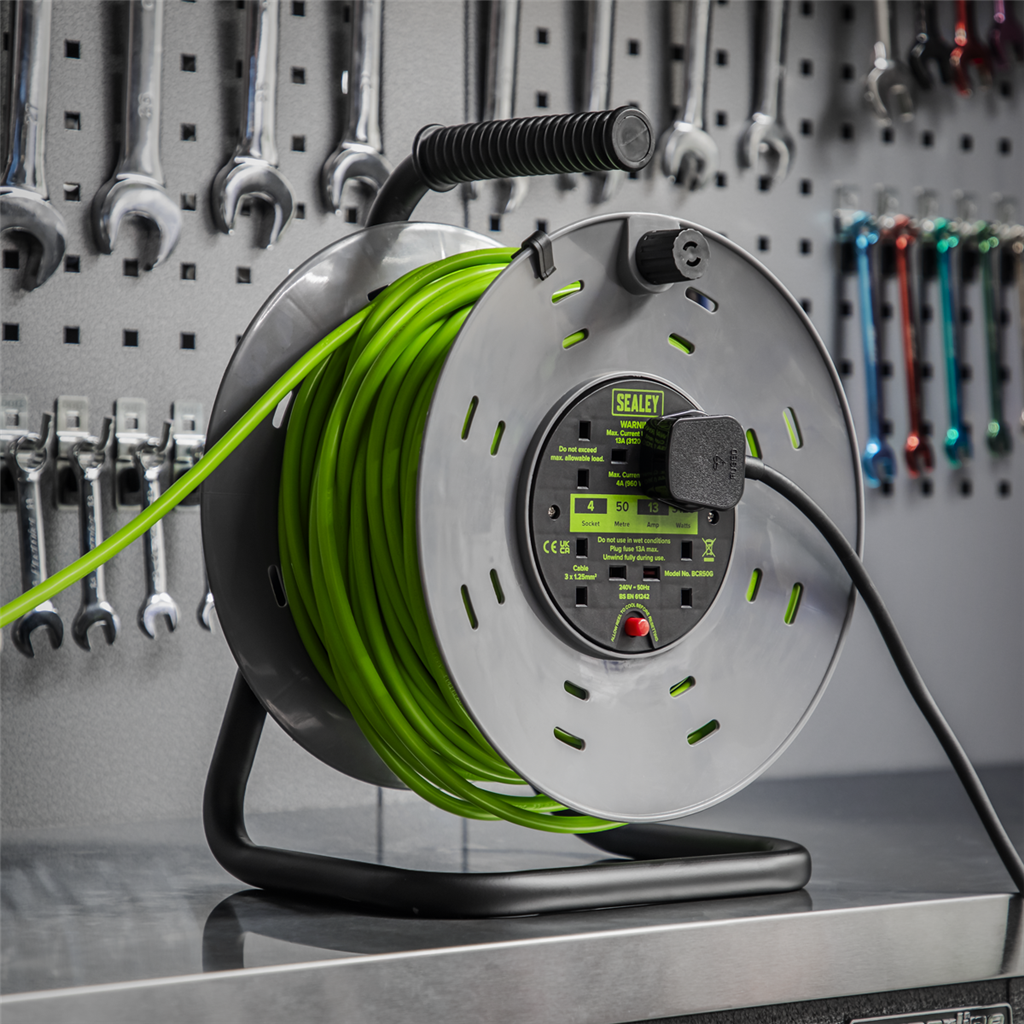 50m Cable Reel with Thermal Trip 4 x 230V - Hi-Vis Green